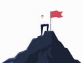 Businessman with flag top mountain concept. Male successful character leader at peak of career red flag success. Royalty Free Stock Photo