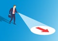 Businessman with flashlight uncovering hidden arrow sign, Searching direction clue to success, Flat design vector illustration.