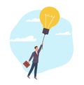 Businessman flies up and holds light bulb by string. New project or startup beginning. Flying happy employee. Creative