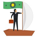 A businessman floats in a boat with a sail and a paper dollar with a light bulb instead of a flag. Idea, financial profit. Vector.