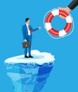 Businessman floats on iceberg getting lifebuoy.