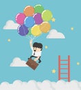 Businessman fly up away high on balloon Concept Shortcut to success to success