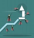 Businessman flying with arrow and trying to improve achievement