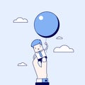 Businessman flying away with balloon but being hindered by businessman large hand. Cartoon character thin line style vector. Royalty Free Stock Photo