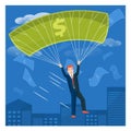 Businessman flying with dollar parachute over the city. Business Royalty Free Stock Photo