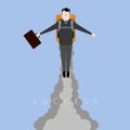 Businessman flying with a jetpack. Success