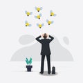 Businessman with flying light bulb. Lost ideas concept vector illustration