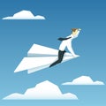 Businessman is flying on paper airplane and looking forward Royalty Free Stock Photo