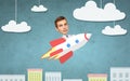 Businessman flying on rocket above cartoon city