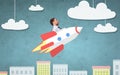 Businessman flying on rocket above cartoon city