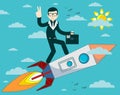 Businessman flying on a rocket in blue sky Royalty Free Stock Photo