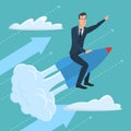 Businessman flying on a rocket on blue sky background, startup. Royalty Free Stock Photo