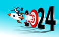 Businessman flying on rocket and breaking target archery to Successful in 2024. business success concept. vector Royalty Free Stock Photo