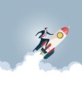 Businessman flying on a rocket, Business startup concept