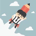 Businessman flying with a rocket pencil