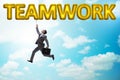 The businessman flying in teamwork concept