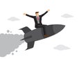 Businessman flying on top of a rocket on a sky background. Concept of startup, growth and achievement.