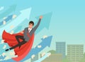 Businessman flying up with growing statistics arrows. Successful young worker in formal suit and red superhero cloak Royalty Free Stock Photo