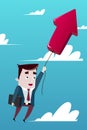 Businessman flying up holding arrow