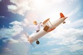 The businessman flying on vintage old airplane Royalty Free Stock Photo