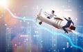 Businessman flying on vintage old airplane Royalty Free Stock Photo