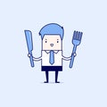 Businessman with fork and knife. Cartoon character thin line style vector Royalty Free Stock Photo