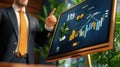 Businessman Analyzing Stock Market Trends on Digital Screen with Data Visualization Elements Royalty Free Stock Photo