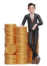 businessman in formal suit blue tie standing with crossed legs and leaning on pile of coins