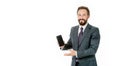 Businessman formal suit holds smartphone. Man bearded businessman glad announce new version update application. Check Royalty Free Stock Photo