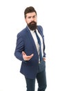 Businessman formal suit. Modern businessman ofiice worker. Office life concept. He knows who is boss here. Bearded man Royalty Free Stock Photo