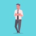 Businessman in formal wear folded hands standing pose smiling male cartoon character business man office worker posing Royalty Free Stock Photo