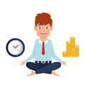 Businessman found his balance with time and money. Business man sitting and mindful meditating in lotus in zen peace and mental ca