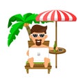 Businessman or Freelance man on beach on a lounger, under a palm tree, drink beer and work. Easy job concept.