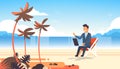 Businessman freelance remote working place beach summer vacation tropical palms island business man suit using laptop