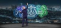 Businessman in front of a wall with Cloud of justice and law icon bubble with data 3d rendering Royalty Free Stock Photo