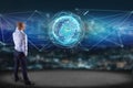 Businessman in front of a wall with connected earth globe concept icon on a futuristic interface Royalty Free Stock Photo
