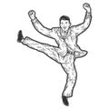Businessman funny jumping for joy. Sketch scratch board imitation.
