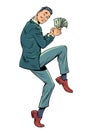 Businessman in a funny pose. Businessman with a wad of US dollars in cash. finance income profit prize lottery