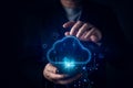 A businessman with a futuristic digital cloud interface, symbolizing cloud computing, data storage, online technology. The glowing Royalty Free Stock Photo