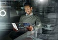 Businessman, futuristic tablet and analytics at night for digital analysis, statistics or data planning at office. Male Royalty Free Stock Photo