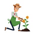 Businessman with gardener aprom and hat taking care money plant