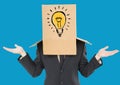 Businessman gesturing with a cardboard box on his head with light bulb