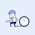 Businessman gets chained with big clock in time concept. Cartoon character thin line style vector