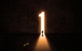 Businessman Getting out from a dark Concrete Room Thought A Doorway made by Number 1. Be the First one Concept idea Business