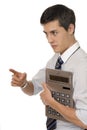 Businessman with gigantic pocket calculator Royalty Free Stock Photo