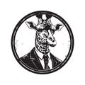 businessman giraffe, vintage logo line art concept black and white color, hand drawn illustration