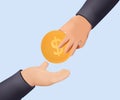 Businessman give money , salary concept 3D render vector. Two hands of people make exchange, buy or sell. Give cash.