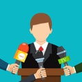 Businessman gives a reporter interview. Press conference. Live r Royalty Free Stock Photo