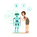 Businessman giving directions to humanoid robot housewife, future technology concept vector Illustration
