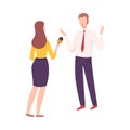 Businessman Giving an Interview to Female Journalist with Microphone at Press Conference, Live Report Flat Vector Royalty Free Stock Photo